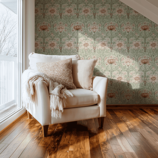 Dusty Bloom wallpaper with art nouveau botanical florals in dusty cream tones, shown installed on a living-room wall at room scale