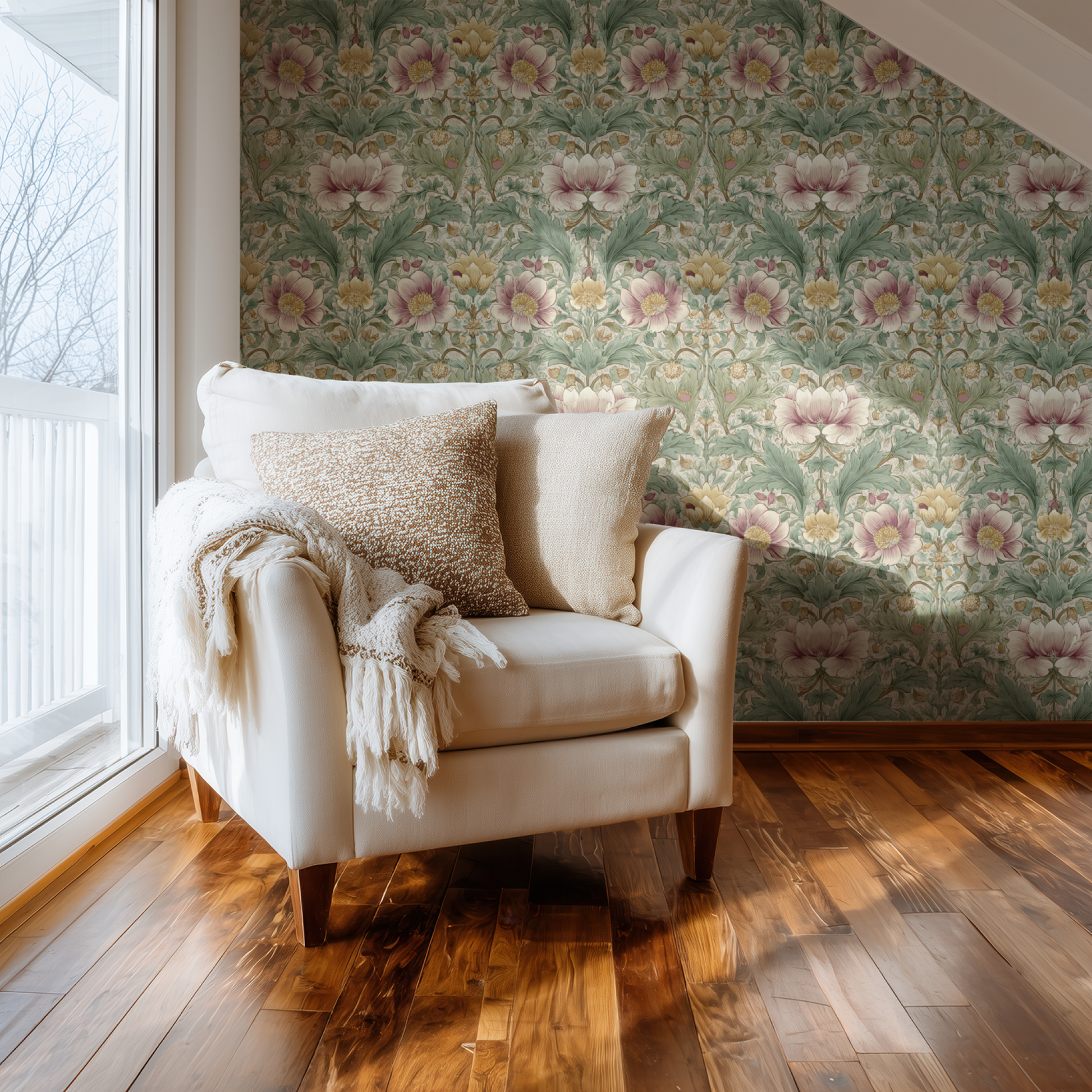 Green Floral Wallpaper shown in a second room with the crimson foliage reading as substantial home-office Arts and Crafts decoration