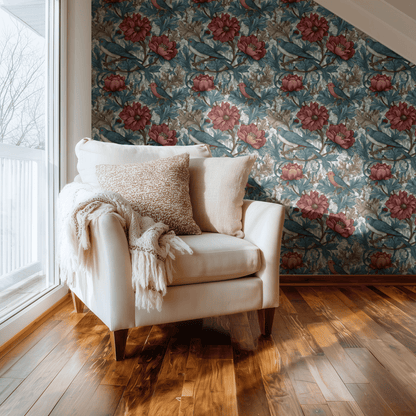 Green Floral Wallpaper shown in a second interior with the claret finches reading as traditional country-house Victorian decoration