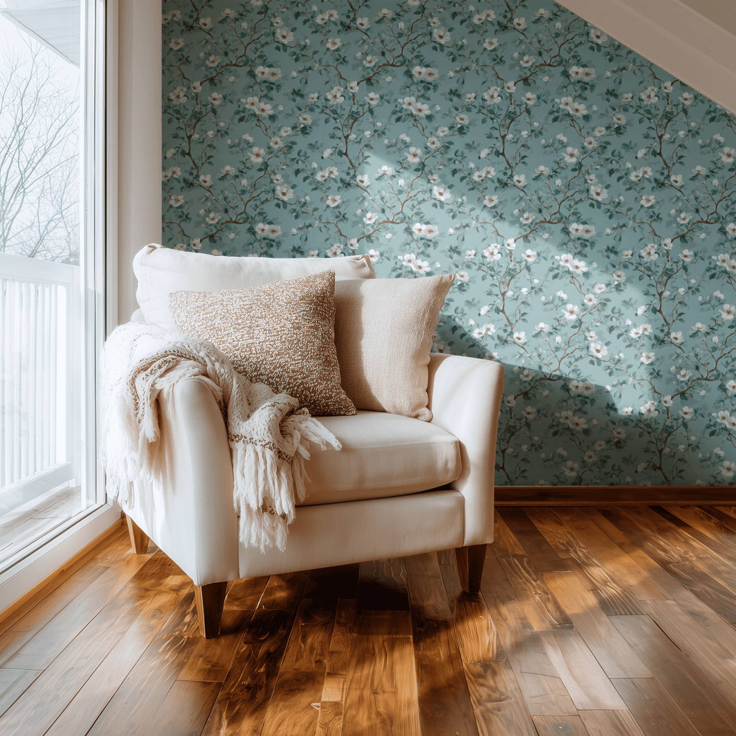 Green Floral Wallpaper installed in a room interior with soft botanical florals in pale celadon green watercolor washes