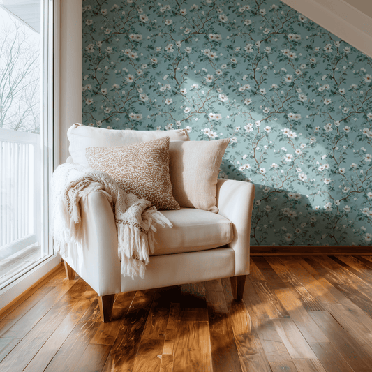 Green Floral Wallpaper installed in a room interior with soft botanical florals in pale celadon green watercolor washes