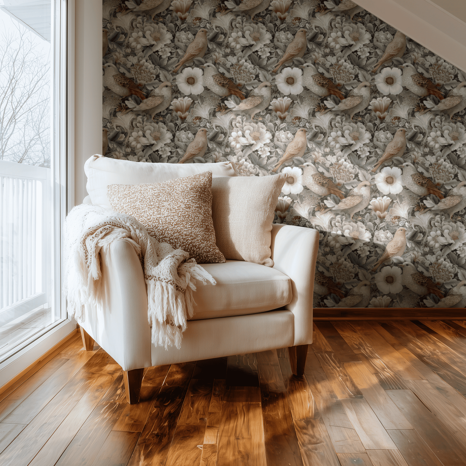 Grey Floral Wallpaper shown in a second room with the platinum peonies reading as quietly elegant traditional decoration