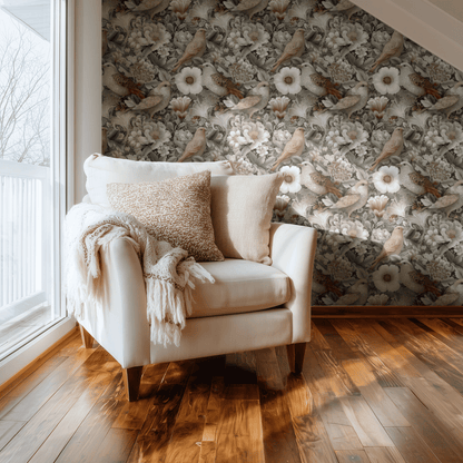 Grey Floral Wallpaper shown in a second room with the platinum peonies reading as quietly elegant traditional decoration