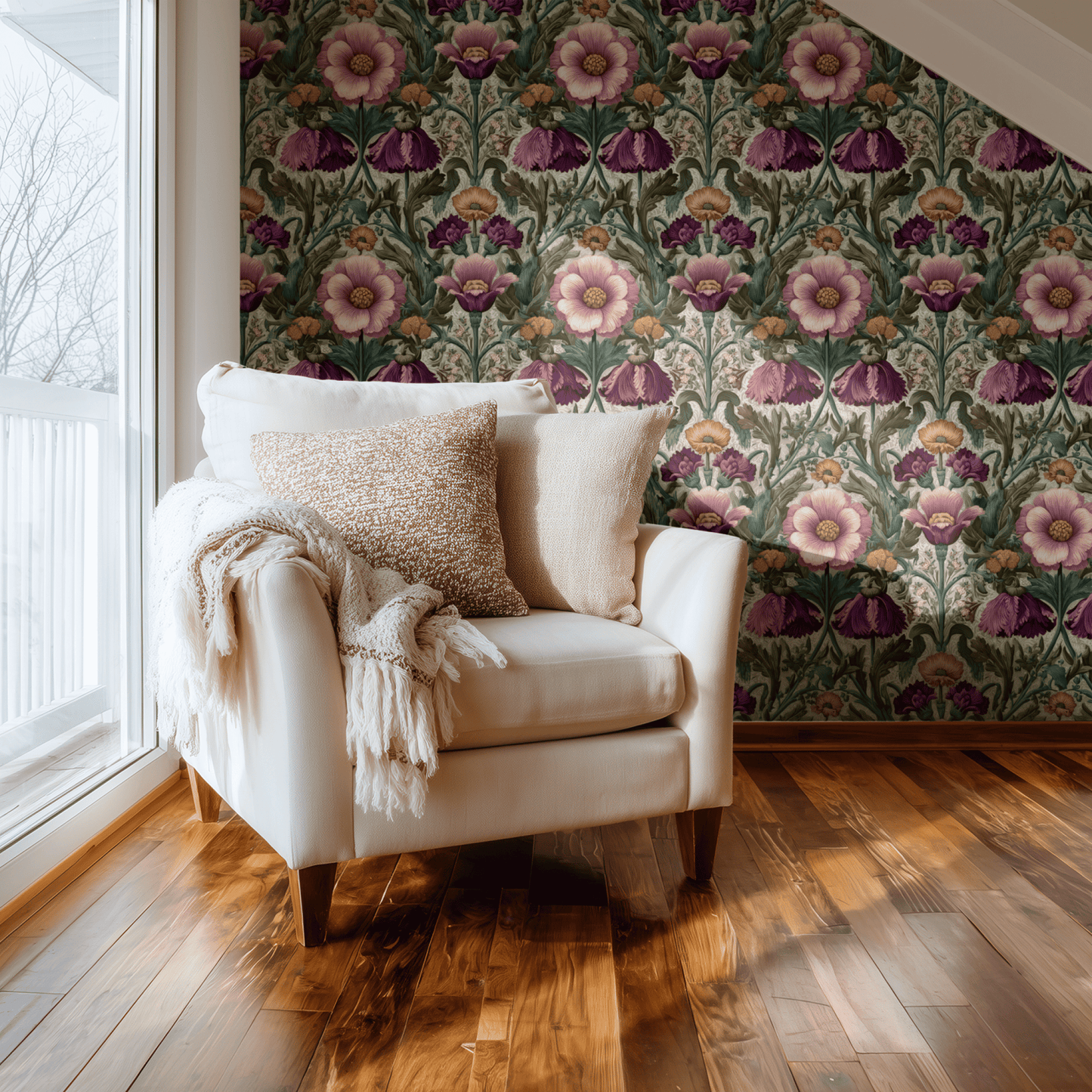 Green Floral Wallpaper installed in a room interior with Arts and Crafts rosy sparrows among florals in green Victorian palette