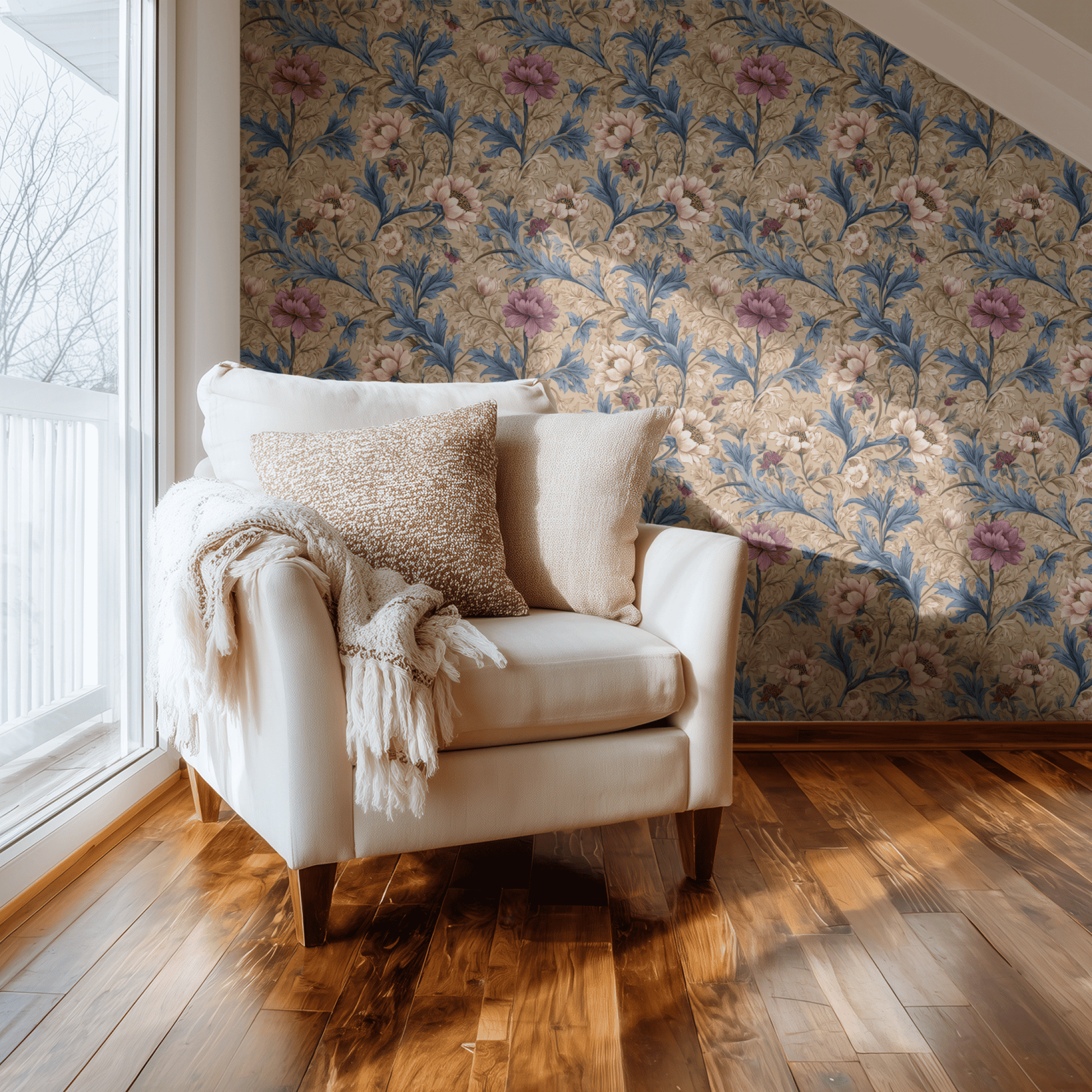 Neutral Floral Wallpaper shown in a second interior with the indigo acanthus reading as quietly traditional Arts and Crafts decoration