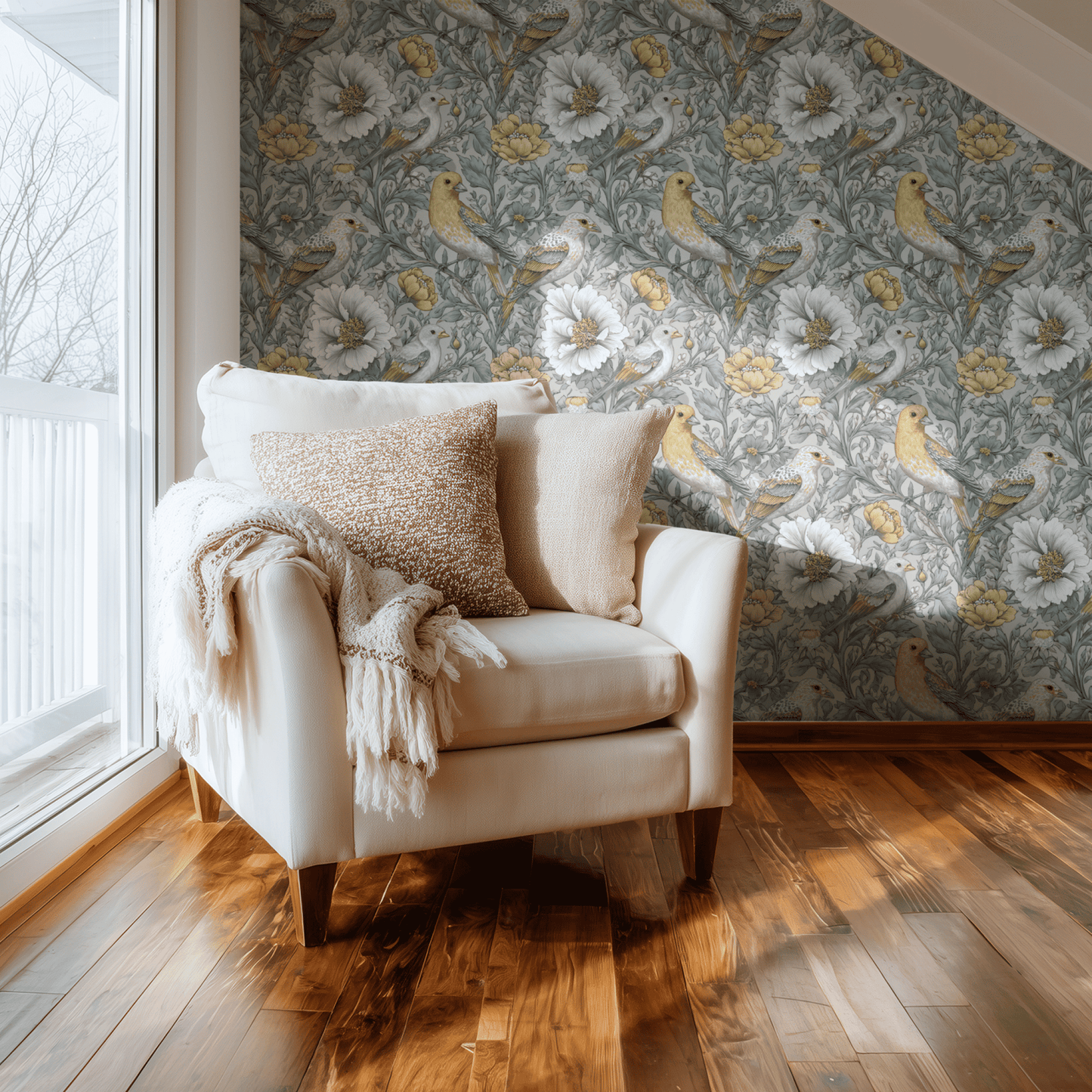 Green Floral Wallpaper shown in a second room with the silver songbirds reading as gracefully traditional chinoiserie decoration