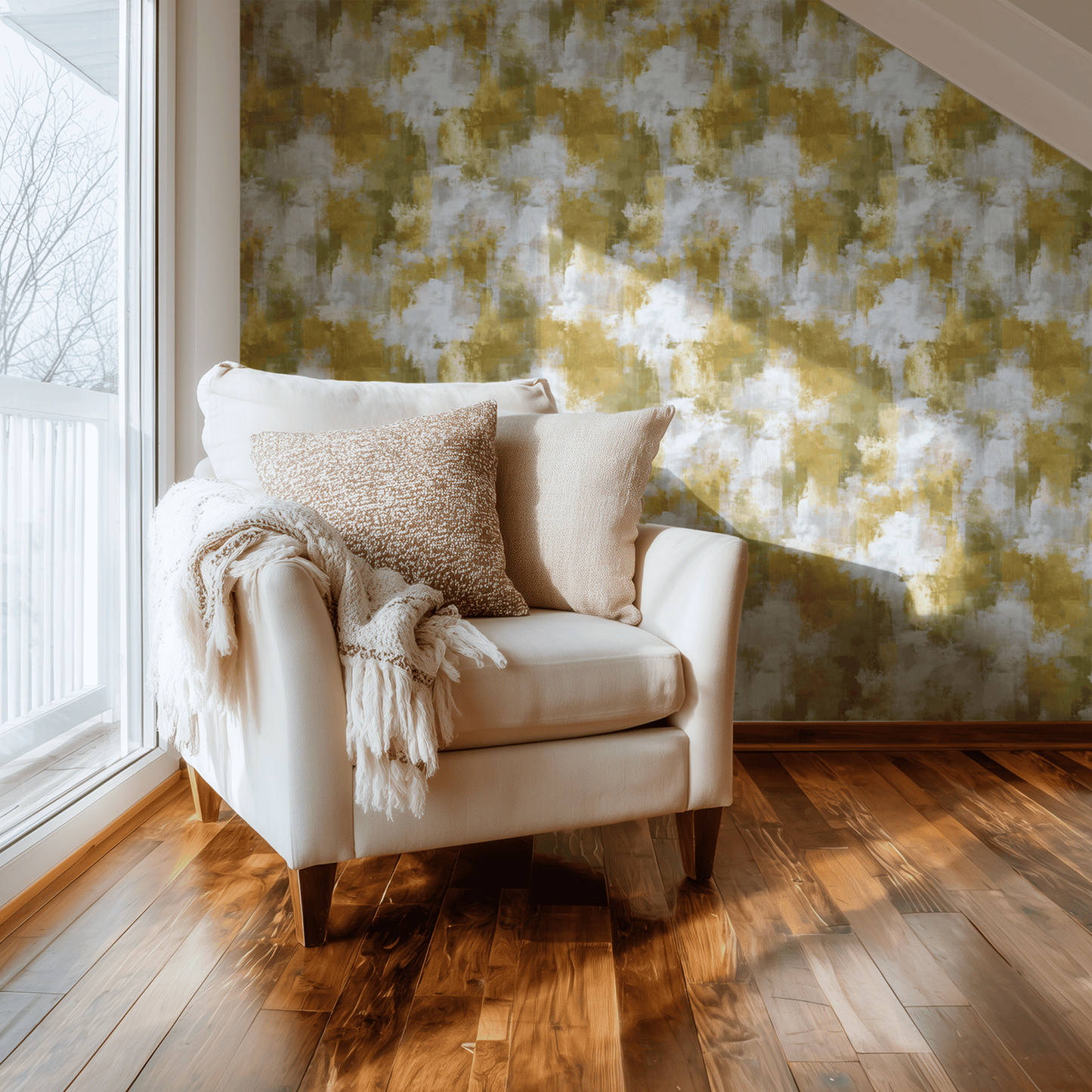 Green Abstract Wallpaper shown in a second interior with the olive glimmer reading as quietly atmospheric contemporary decoration