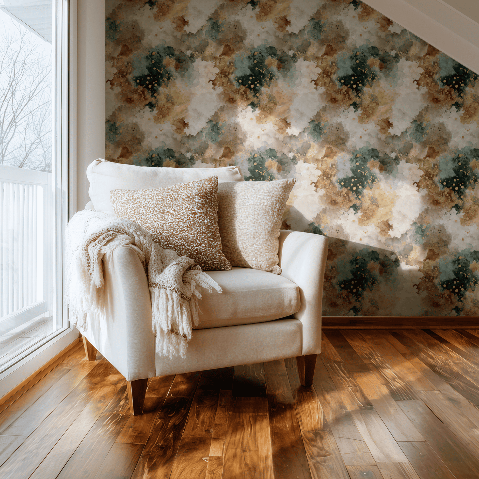 Green Abstract Wallpaper shown in a second interior with the smoky bronze reading as atmospheric contemporary decoration
