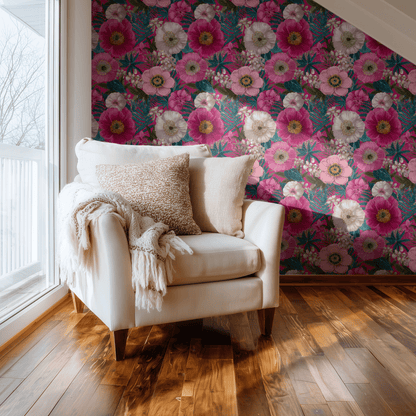 Pink Floral Wallpaper installed on a room wall with Arts and Crafts ferns and florals in soft pink fuchsia