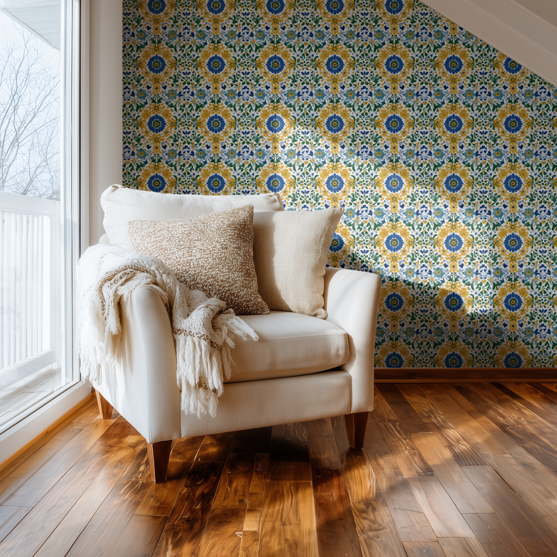 Multicolored Floral Wallpaper shown in a second interior with the brushstroke daisies reading as soft painterly contemporary decoration