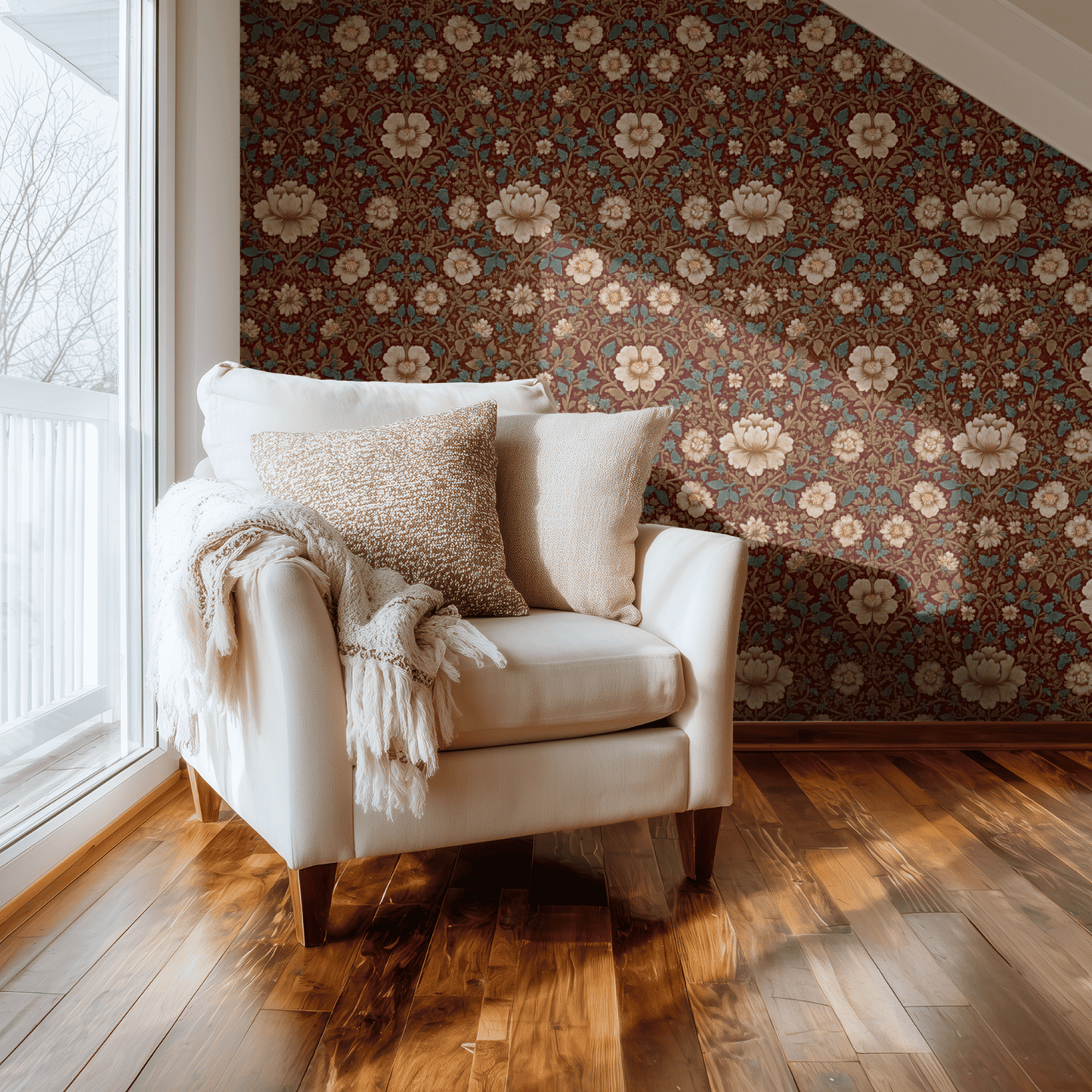 Red Floral Wallpaper shown in a second interior with the maroon florals reading as warmly serious traditional decoration
