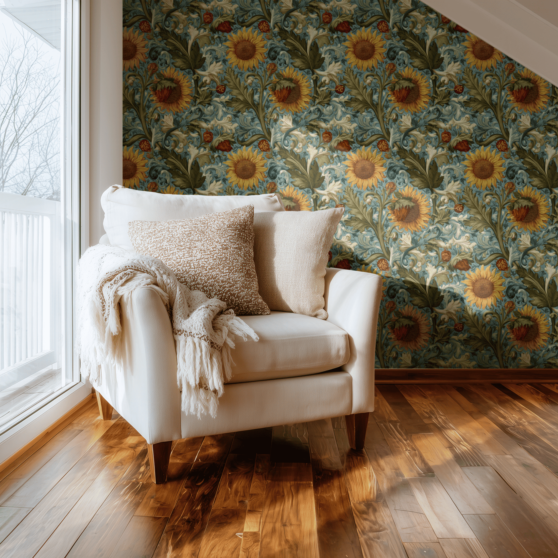 Green Floral Wallpaper shown in a second interior with the moody poppies reading as atmospheric Arts and Crafts decoration