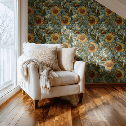 Green Floral Wallpaper shown in a second interior with the moody poppies reading as atmospheric Arts and Crafts decoration