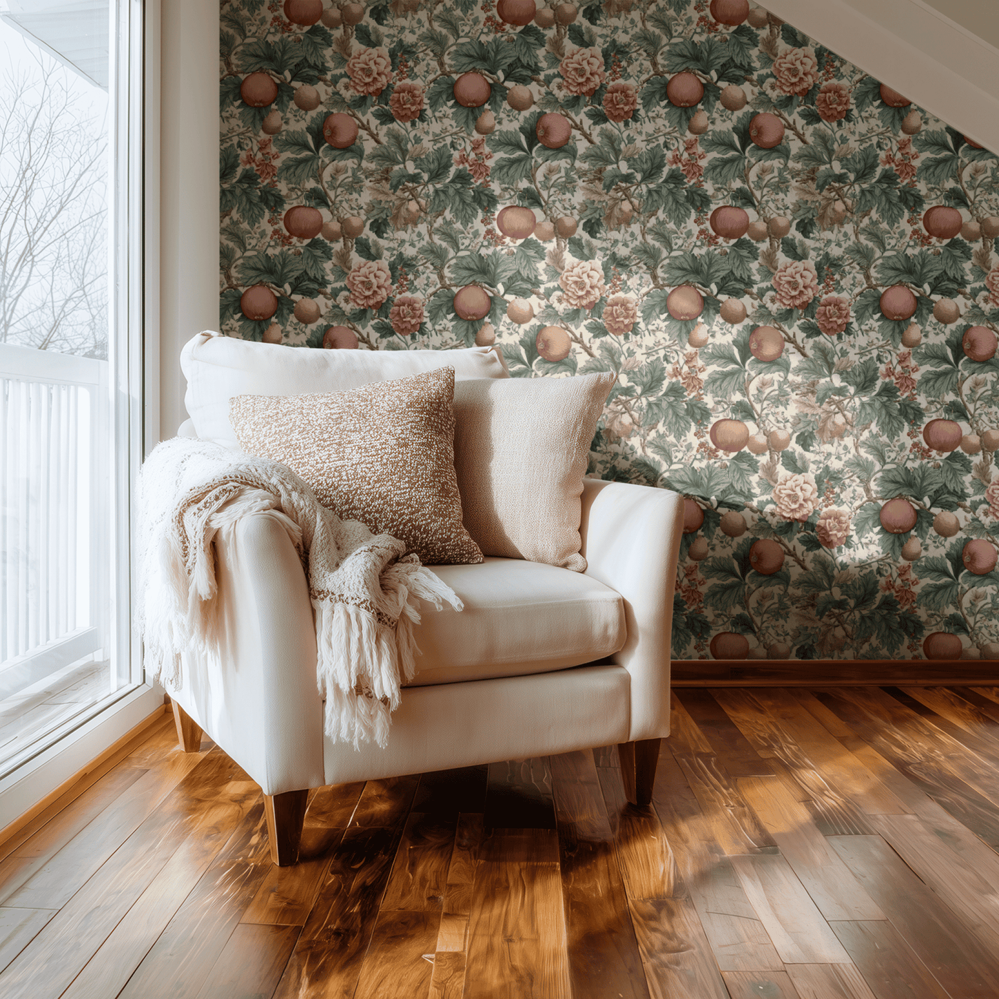 Cream Floral Wallpaper shown in a second interior with the rosaline orchard reading as warm harvest-rich decoration