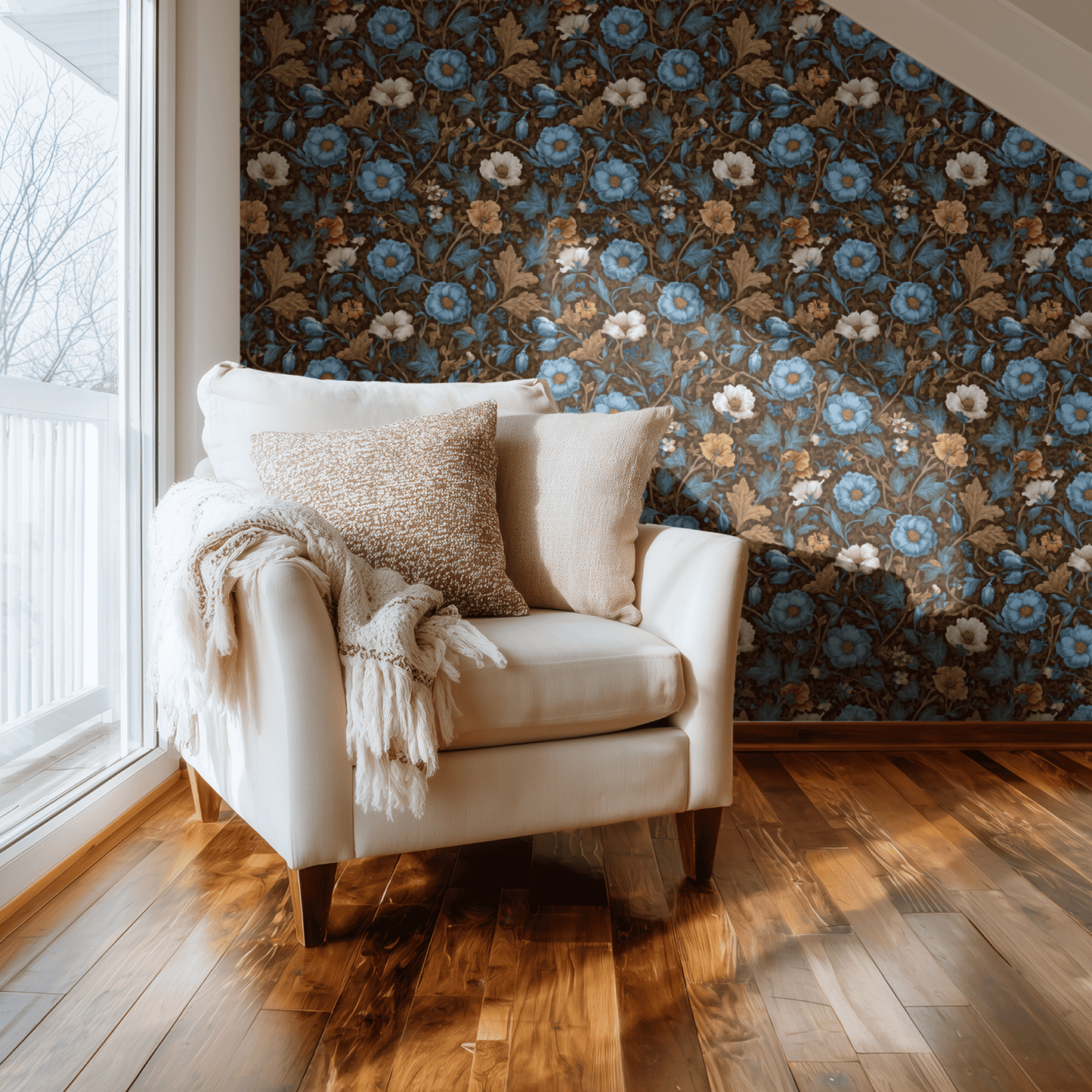 Brown Floral Wallpaper shown in a second interior with the Arts and Crafts thistle giving the wall a country-house traditional character