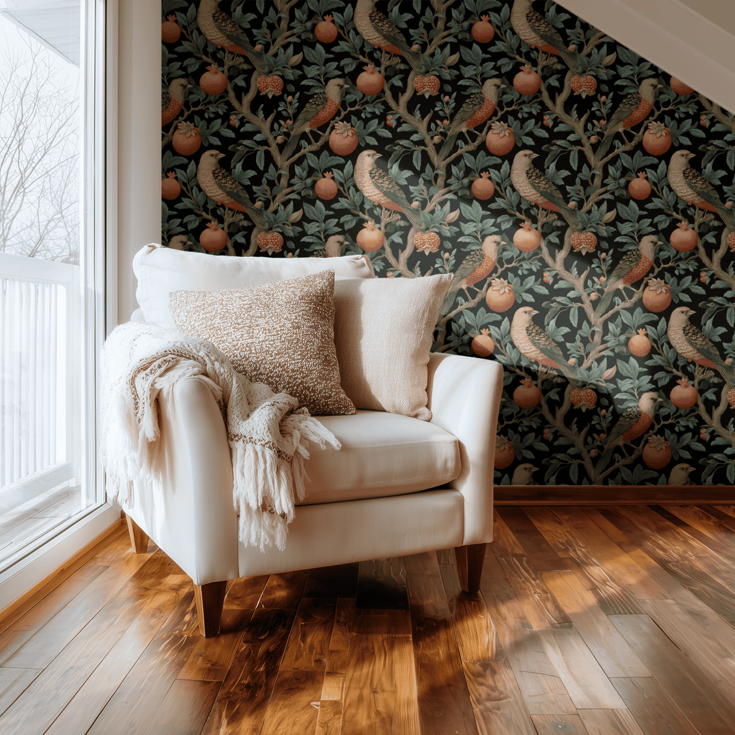 Black Bird Pattern Wallpaper shown in a second room with the dark birds-and-pomegranates reading as atmospheric dark academia decoration
