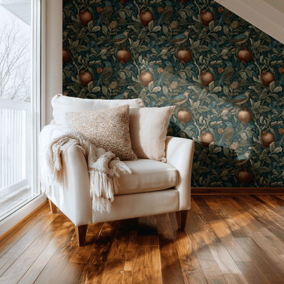 Green Birds Fruit Pattern, Tranquil Nature Elegance shown in a second room with the heritage Arts and Crafts pattern anchoring the wall in rich green tones