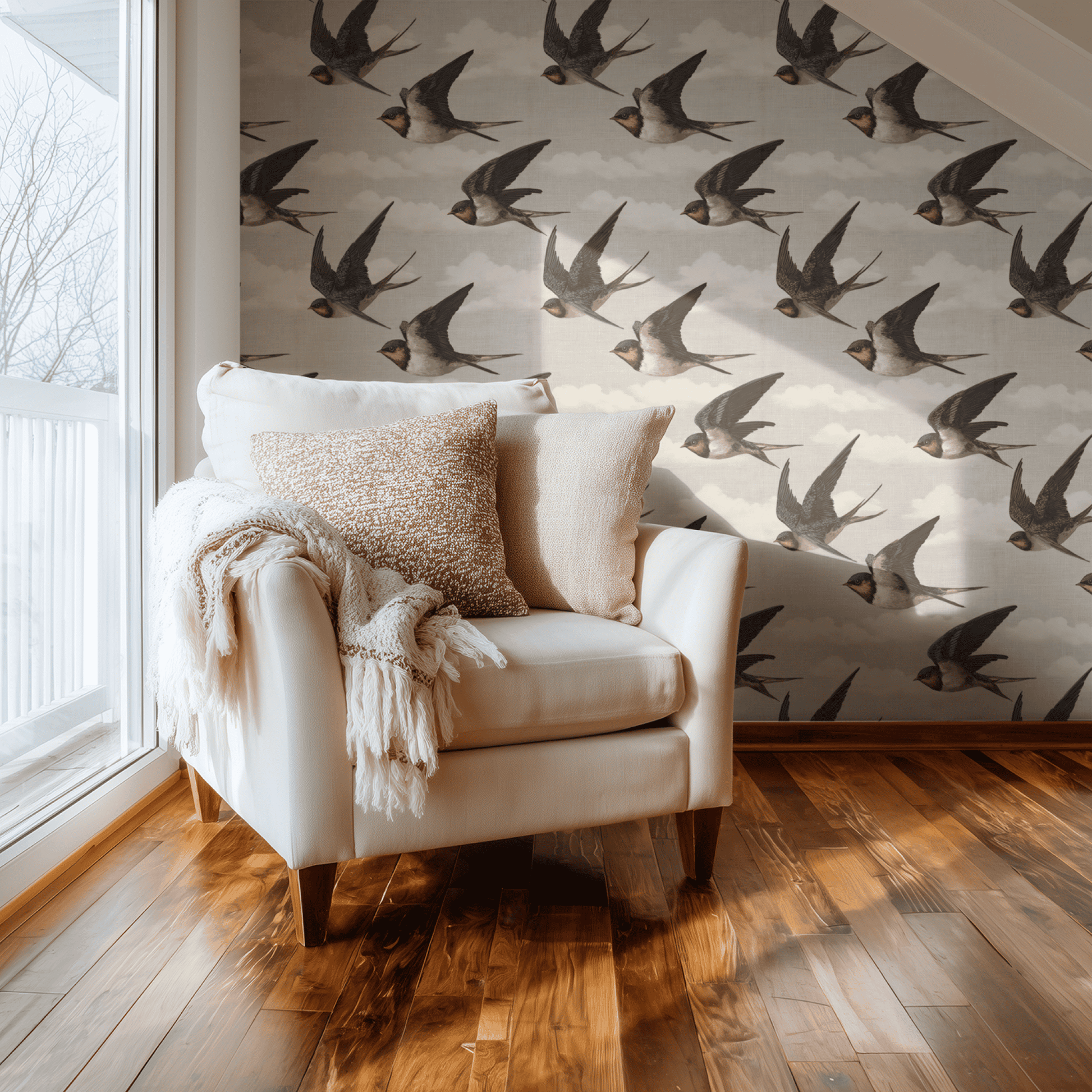 Neutral Bird Pattern Wallpaper shown in a second room with the swallow skies reading as quietly scenic atmospheric decoration