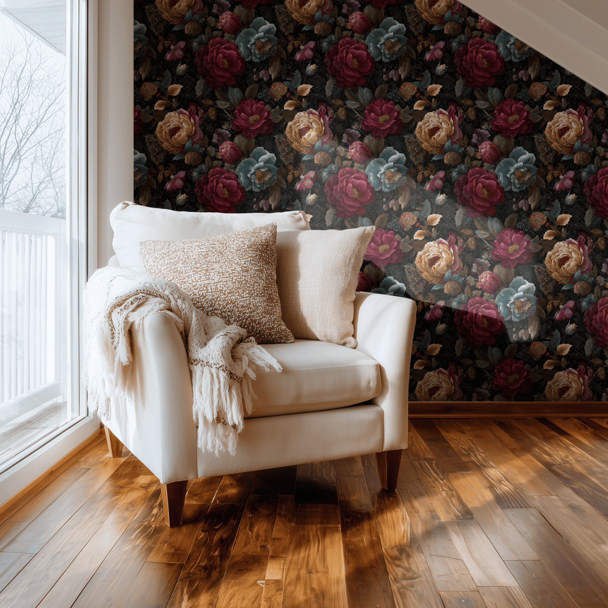 Black Floral Wallpaper shown in a second interior with the iridescent dark florals reading as theatrically luxurious decoration