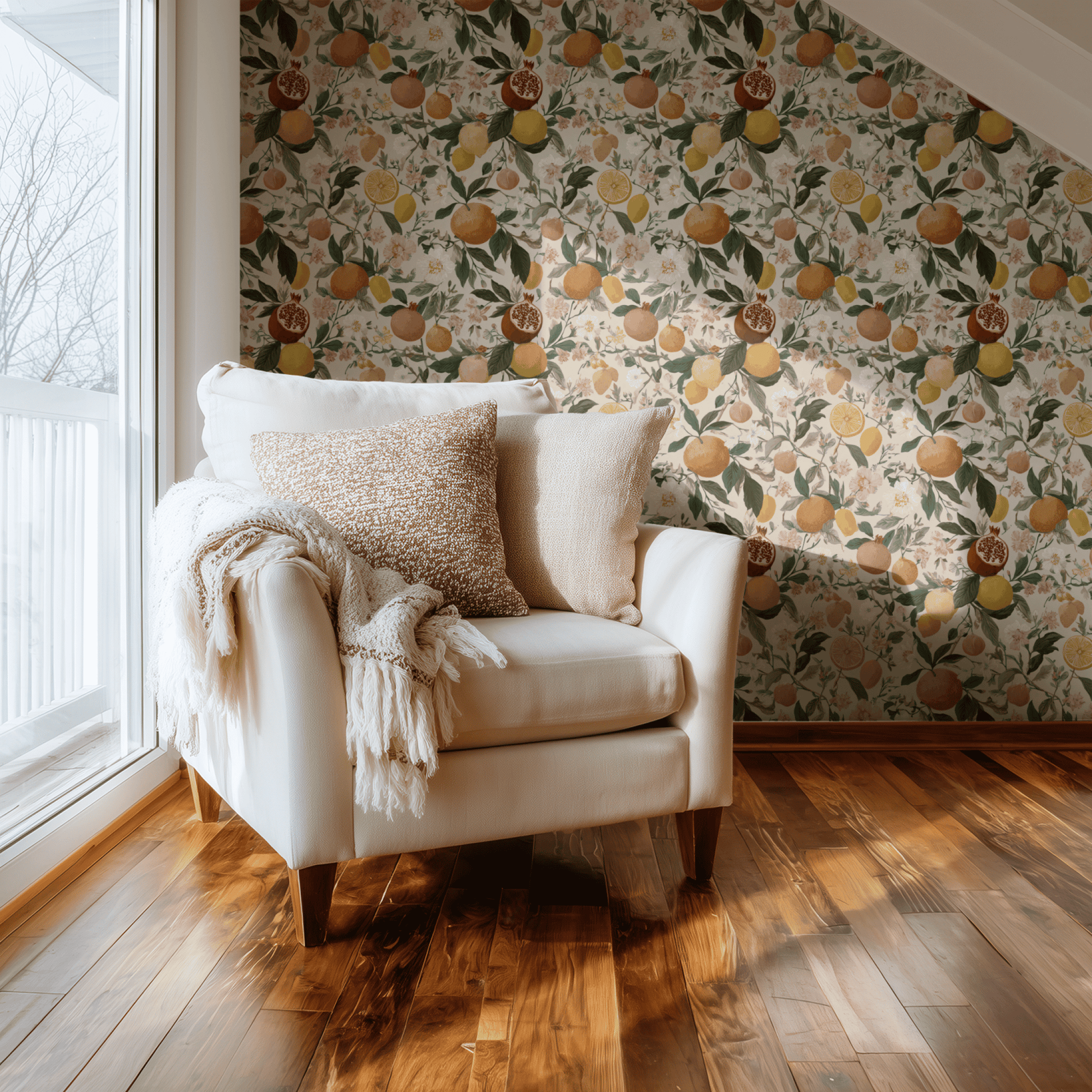 Neutral Floral Wallpaper shown in a second interior with the etched rosy fruit reading as natural-history-illustration decoration