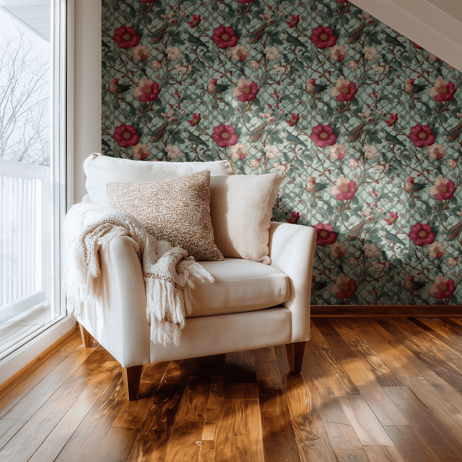 Green Floral Wallpaper shown in a second room with the willow birds reading as gently traditional bedroom-appropriate decoration