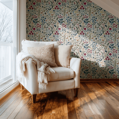 Cream Floral Wallpaper shown in a second room with the dark cottagecore botanicals reading as cottage-style atmospheric decoration