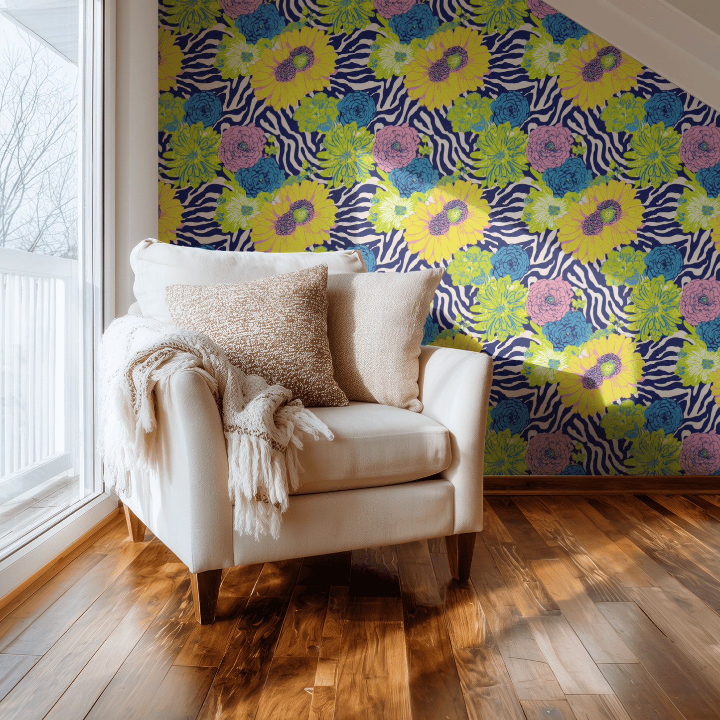 Multicolored Floral Wallpaper shown in a second interior with the zebra-stripe anemones reading as playfully bold abstract decoration