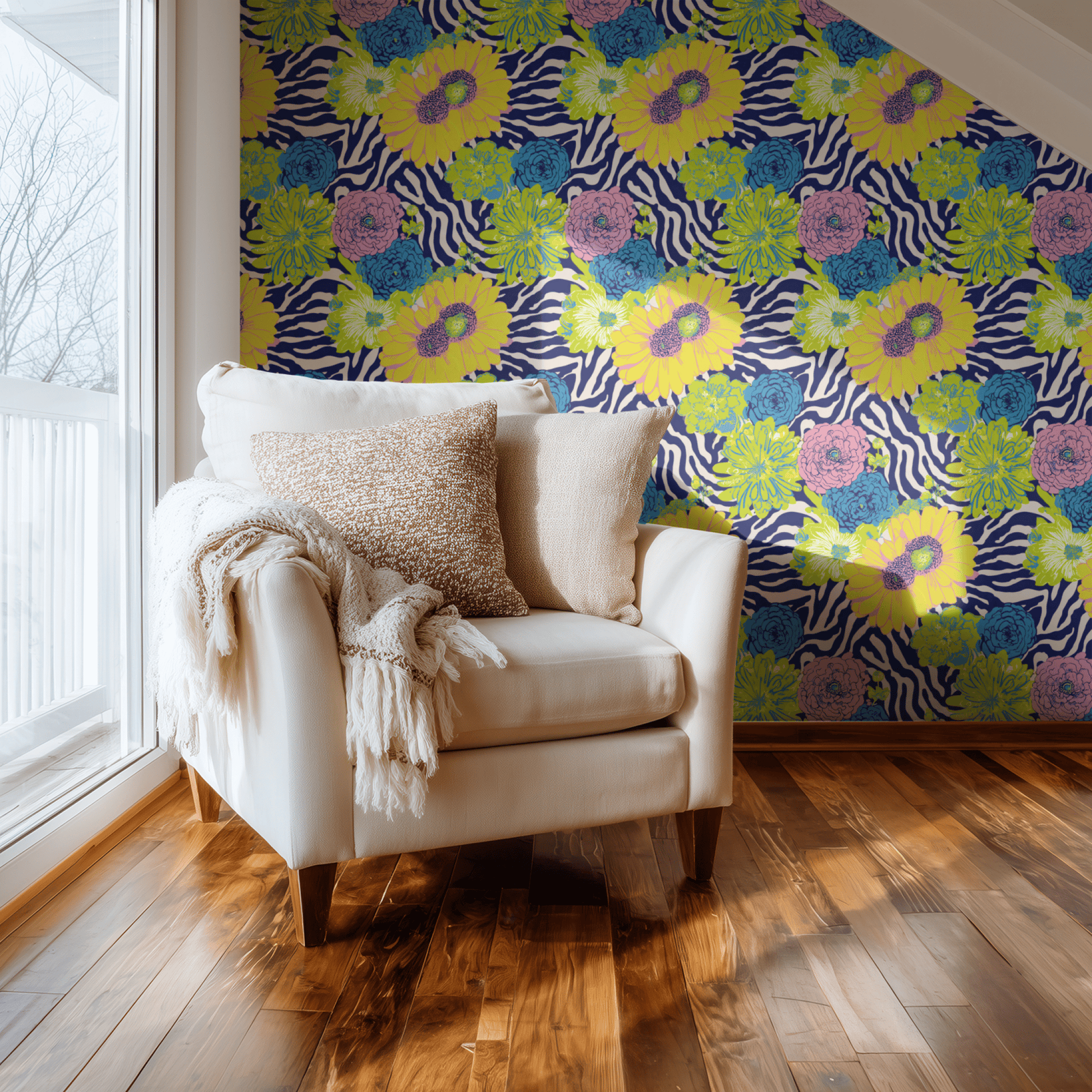 Multicolored Floral Wallpaper shown in a second interior with the zebra-stripe anemones reading as playfully bold abstract decoration