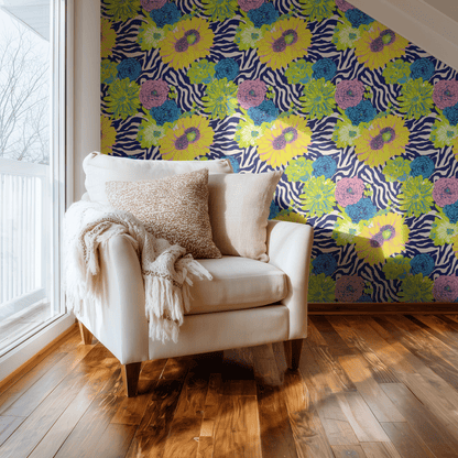 Multicolored Floral Wallpaper shown in a second interior with the zebra-stripe anemones reading as playfully bold abstract decoration