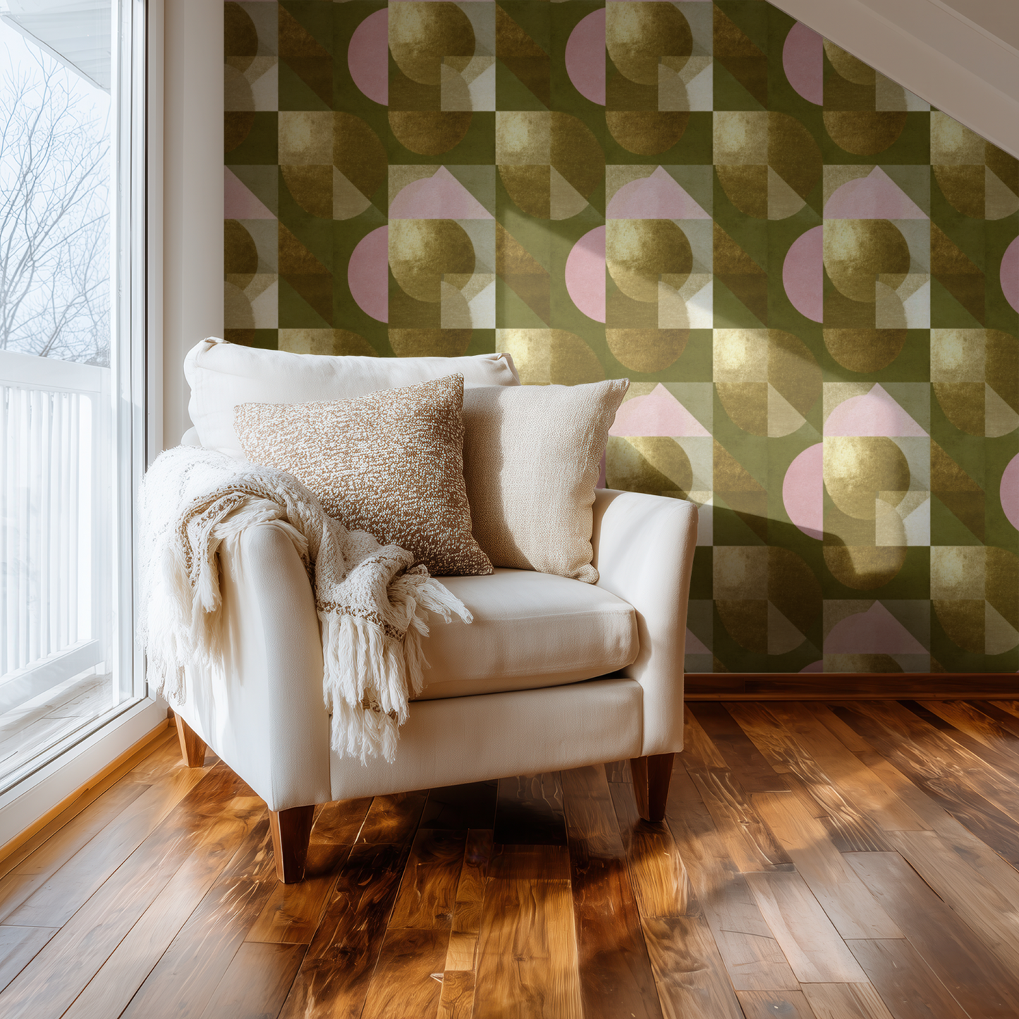 Green Geometric Wallpaper shown in a second room with the chartreuse Art Deco geometry giving the wall a 1920s-style period luxury