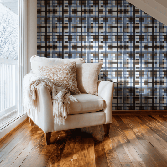 Indigo Plaid wallpaper with Mid-Century Modern checkerboard plaid in indigo blue, shown installed on a living-room wall at room scale
