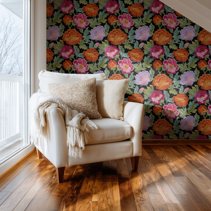 Black Floral Wallpaper shown in a second room with the embroidered florals reading as theatrically rich moody decoration
