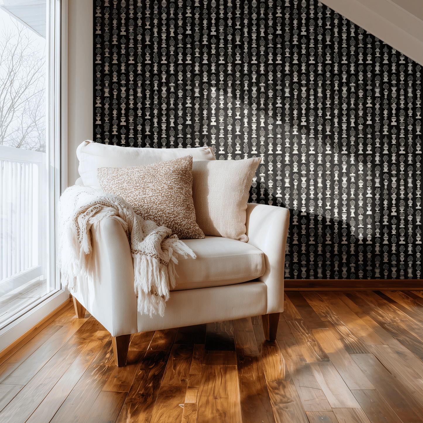 Black Botanical Wallpaper shown in a second room with the classical urns reading as historicist library-style decoration