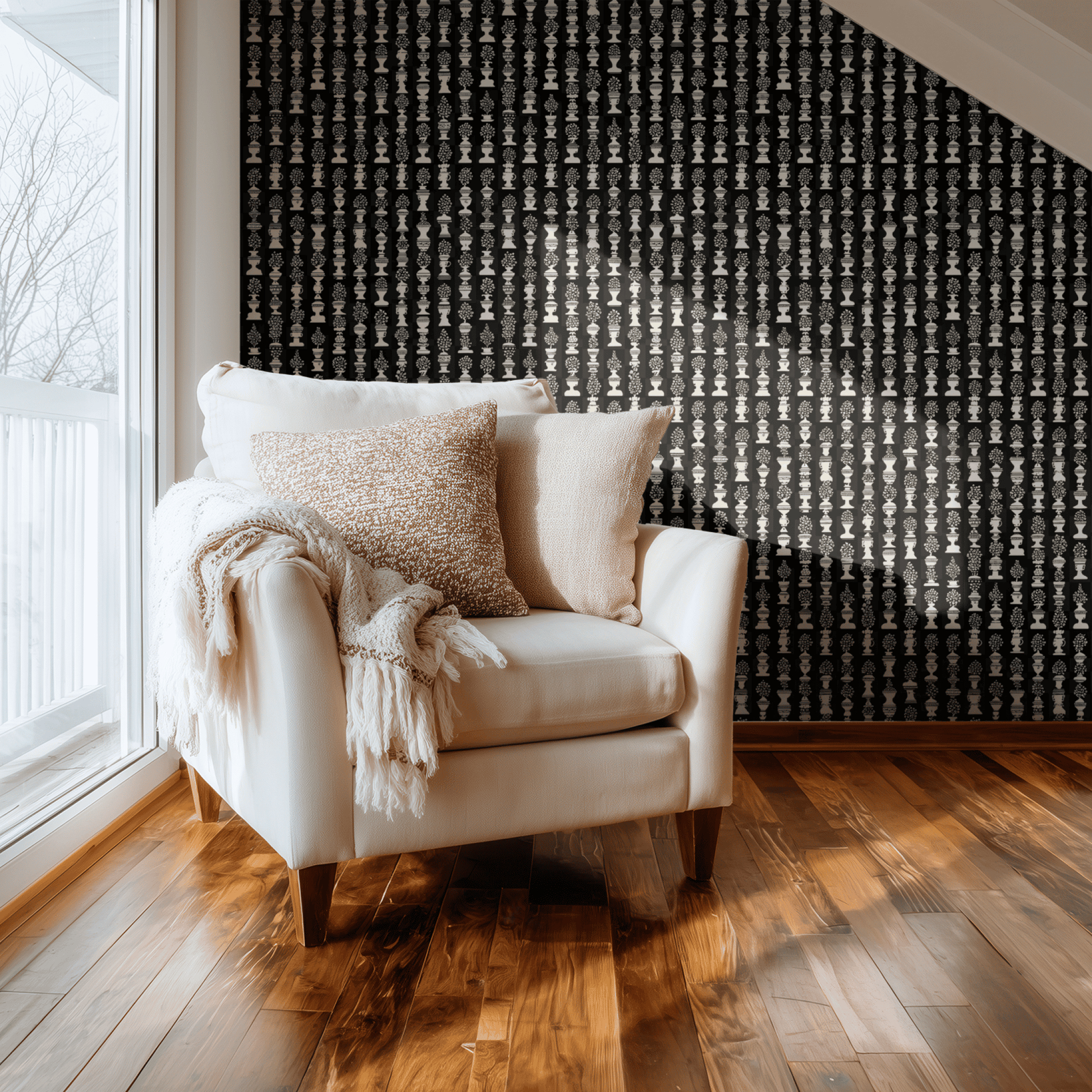 Black Botanical Wallpaper shown in a second room with the classical urns reading as historicist library-style decoration