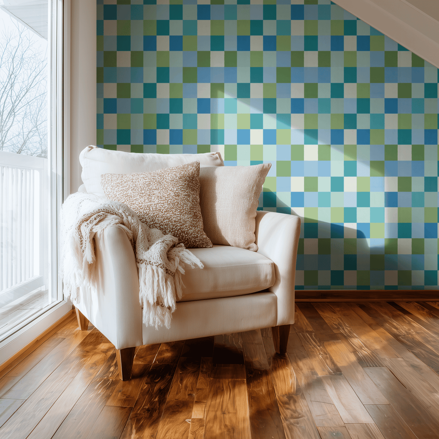 Multicolored Geometric Wallpaper shown in a second interior with the teal mosaic reading as playfully tiled contemporary decoration