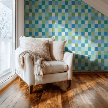 Multicolored Geometric Wallpaper shown in a second interior with the teal mosaic reading as playfully tiled contemporary decoration