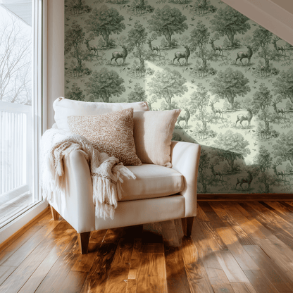 Green Toile Wallpaper shown in a second interior with the pastoral toile reading as classic country-house scenic decoration