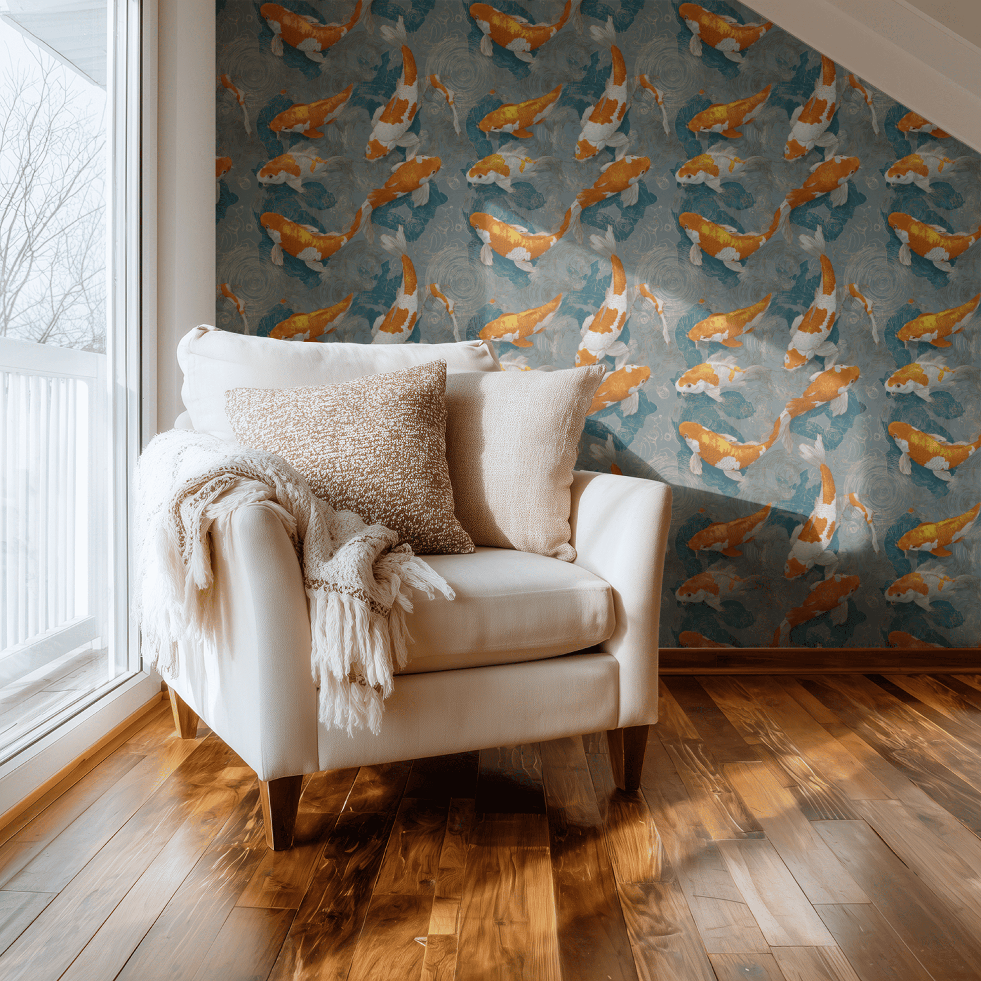 Koi Serenity shown in a second room with the metallic koi reading as calm Japanese-decorative pond pattern