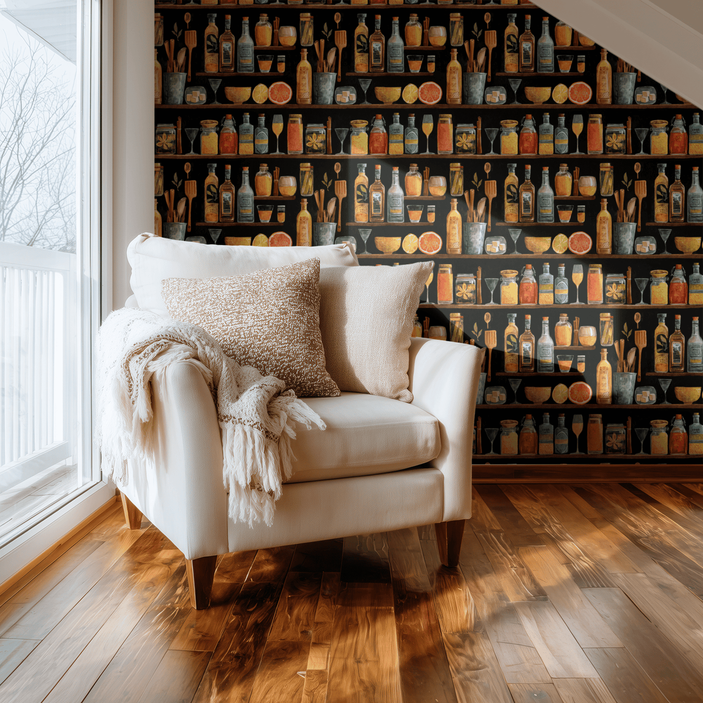 Black Abstract Wallpaper installed in a room interior with abstract watercolor botanical and fruit pattern on a deep black ground
