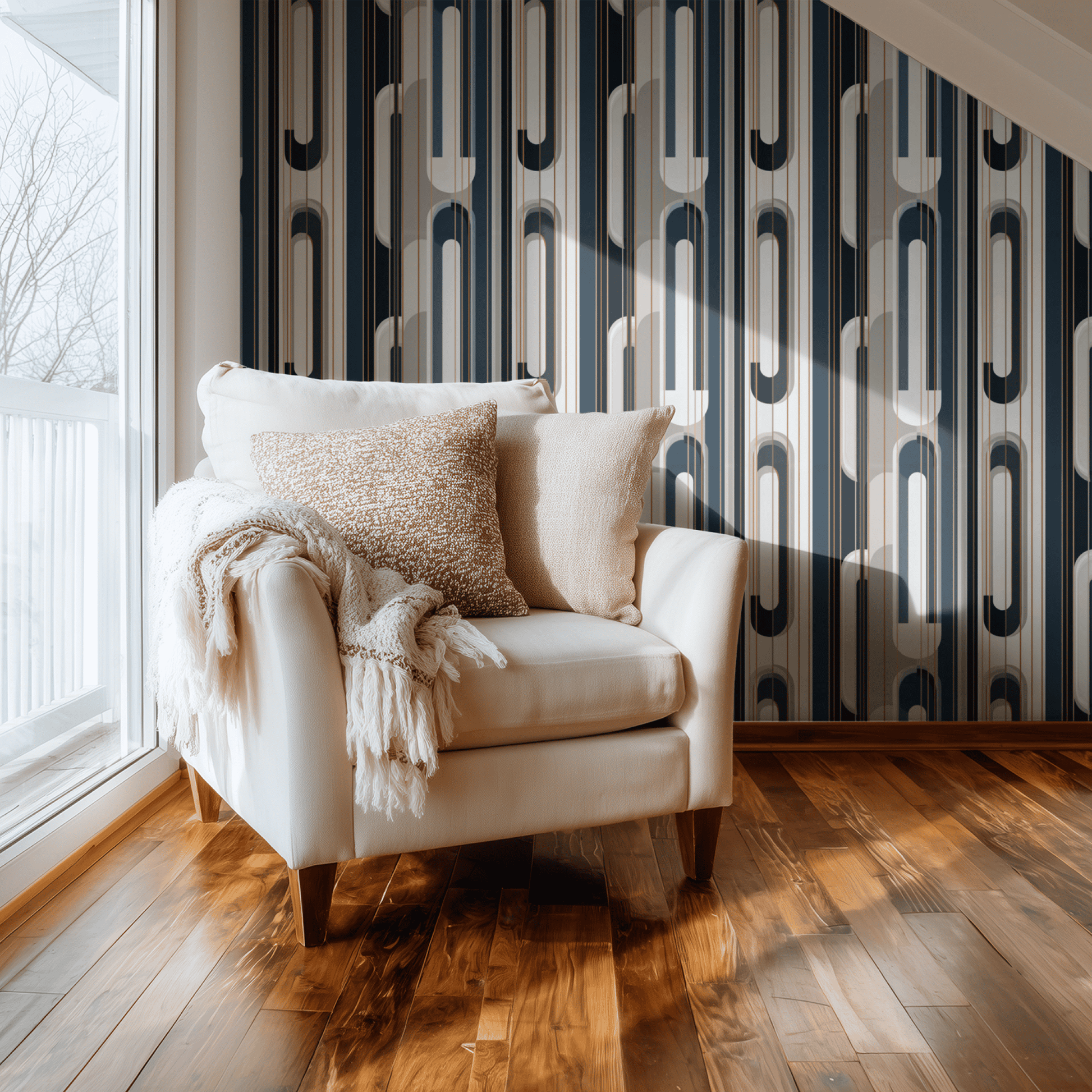 Blue Geometric Wallpaper shown in a second room with the modern arches reading as architectural Art Deco decoration