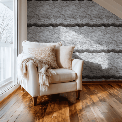 Grey Abstract Wallpaper shown in a second room with the calm grey waves reading as atmospheric meditative decoration