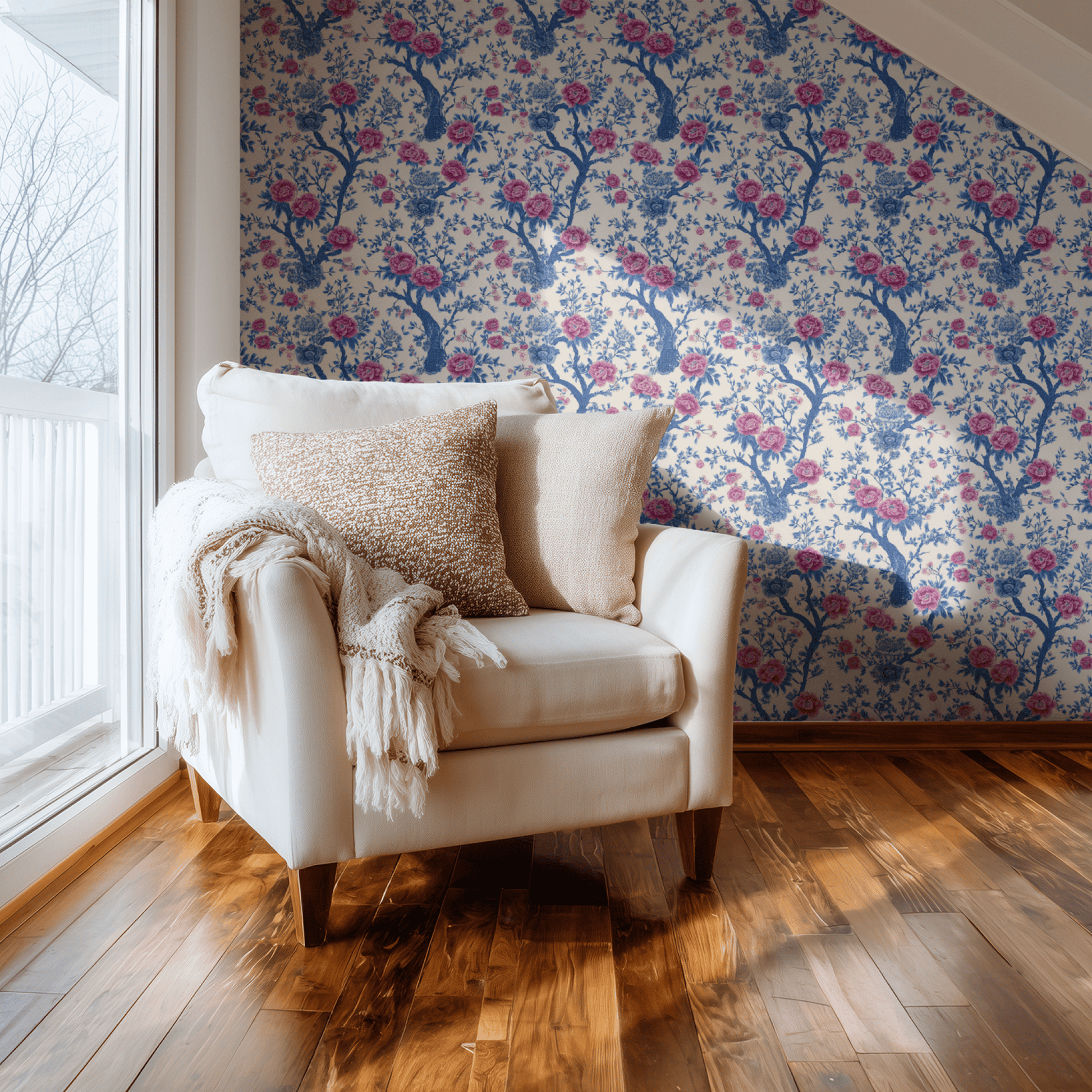 Cream Floral Wallpaper shown in a second room with the porcelain palette reading as gracefully ceramic-inspired traditional decoration