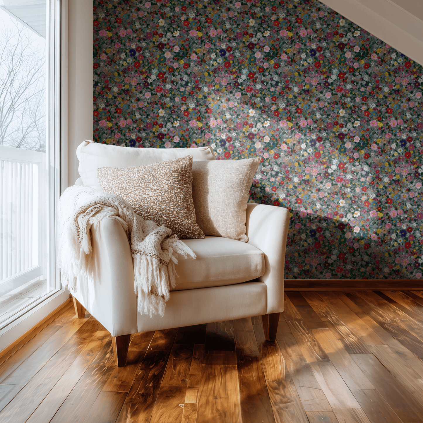Multicolored Floral Wallpaper shown in a second interior with the dappled posies giving the wall a softly multicolored cottage character