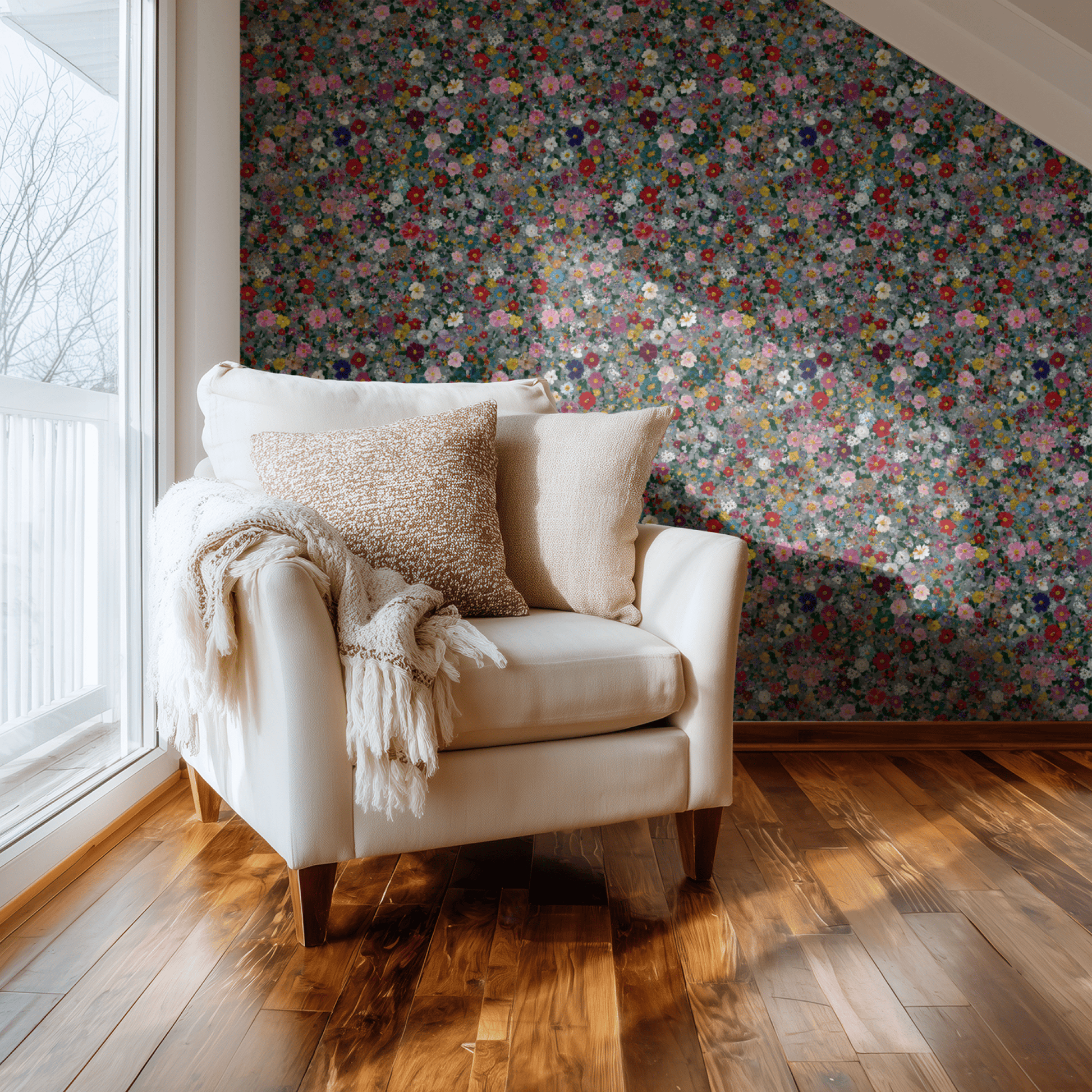 Multicolored Floral Wallpaper shown in a second interior with the dappled posies giving the wall a softly multicolored cottage character