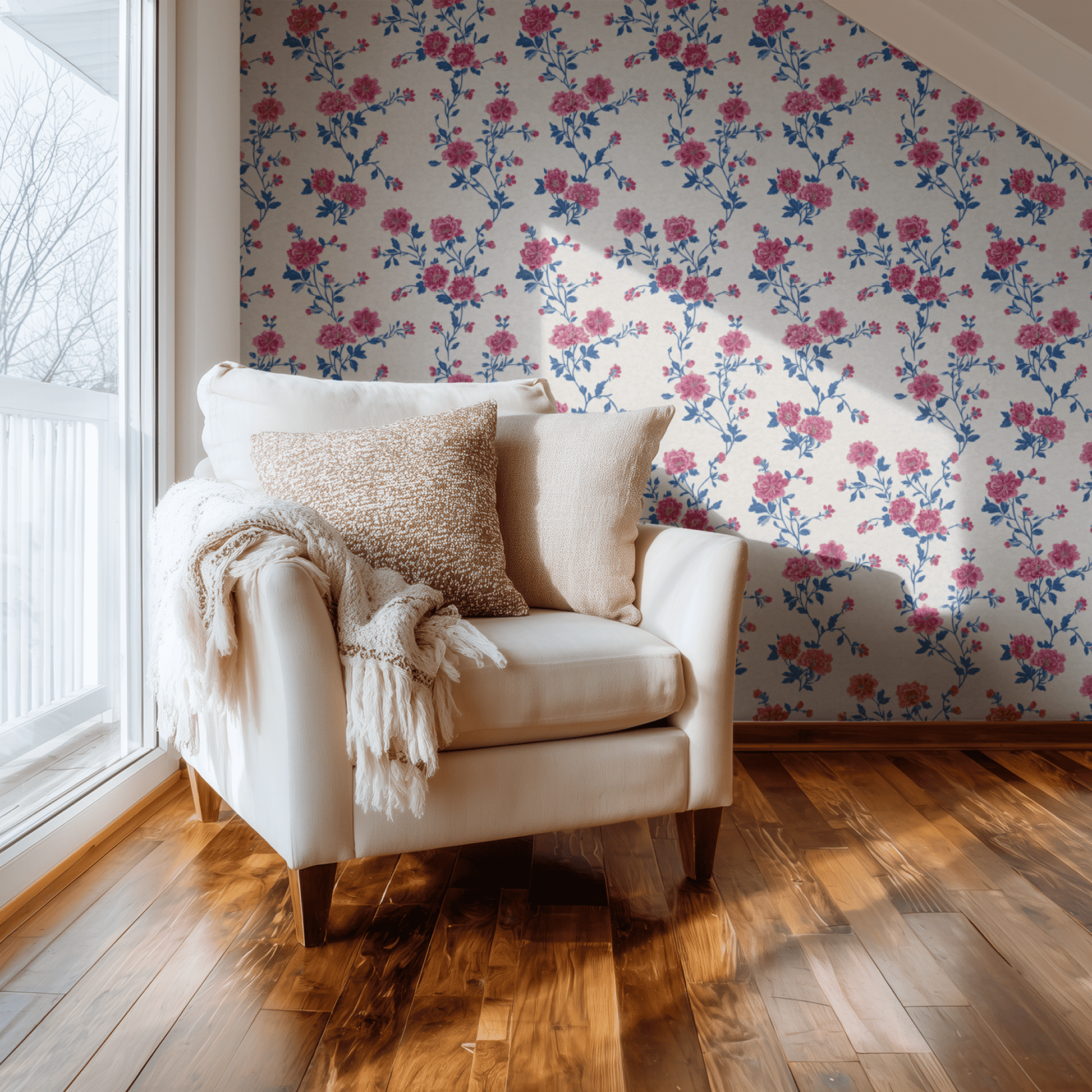 Cream Floral Wallpaper shown in a second room with the rosaline arbor reading as warmly soft traditional decoration