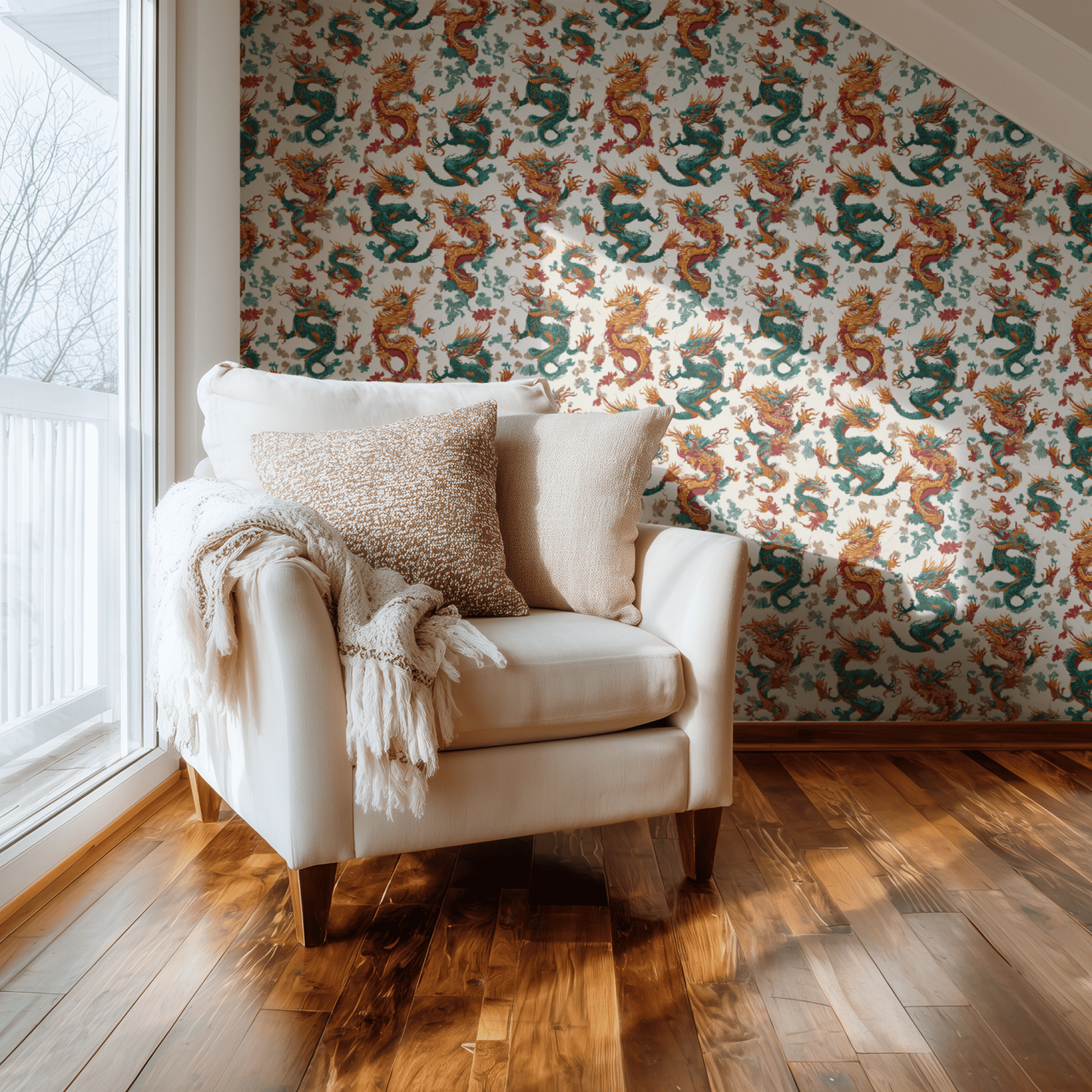 Cream Chinoiserie Wallpaper shown in a second interior with the teal dynasty reading as classically chinoiserie traditional decoration