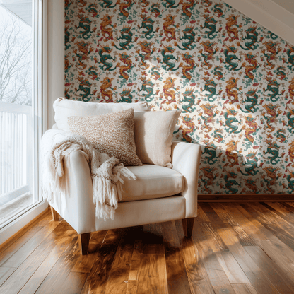 Cream Chinoiserie Wallpaper shown in a second interior with the teal dynasty reading as classically chinoiserie traditional decoration