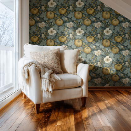 Green Botanical Wallpaper shown in a second interior with the verdant gourd reading as warmly autumnal botanical decoration