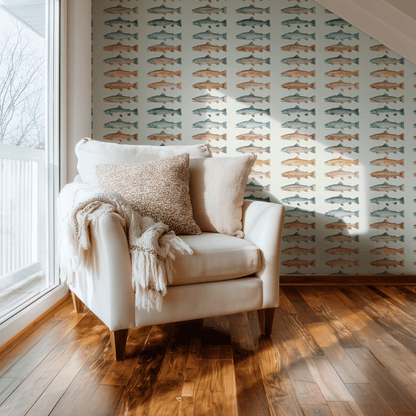Nature Wallpaper shown in a second interior with the trout parade reading as playfully artistic underwater decoration