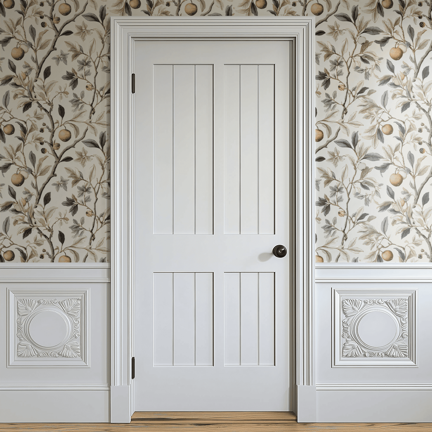 Neutral Botanical Wallpaper shown in a second interior with the sepia apples reading as antique-toned natural decoration